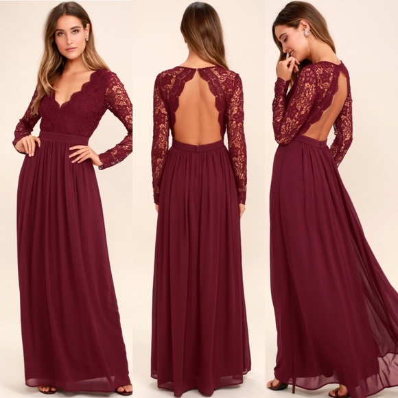burgundy long sleeve lace maxi dress